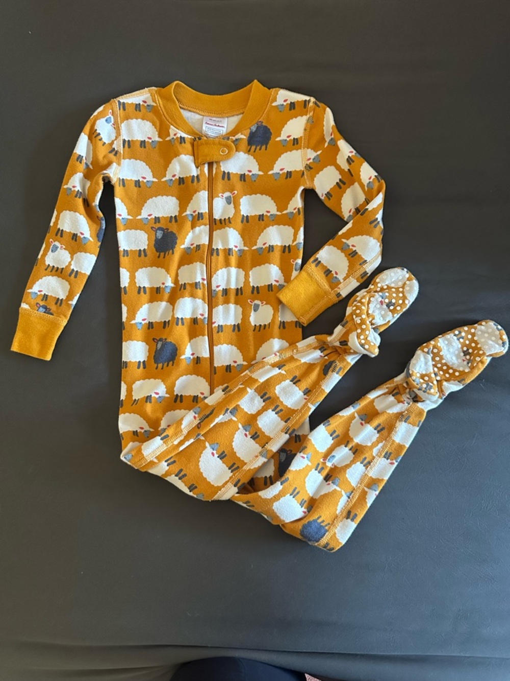 Hanna Andersson Mustard Yellow Sheep Print Kids Footie